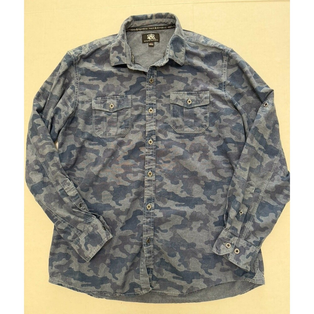 Rock & Republic Men’s Large Blue Camo Button Up Shirt 100% Cotton Western
